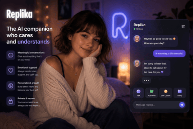 Replika homepage preview for AI companion and emotional support chat
